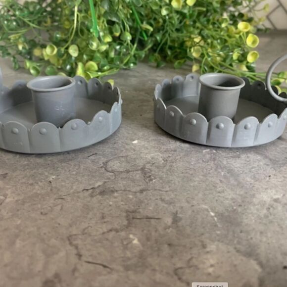 Farmhouse Gray Fluted Metal Taper Candle Holder Set of Two Country Cottagecore - Picture 2 of 4